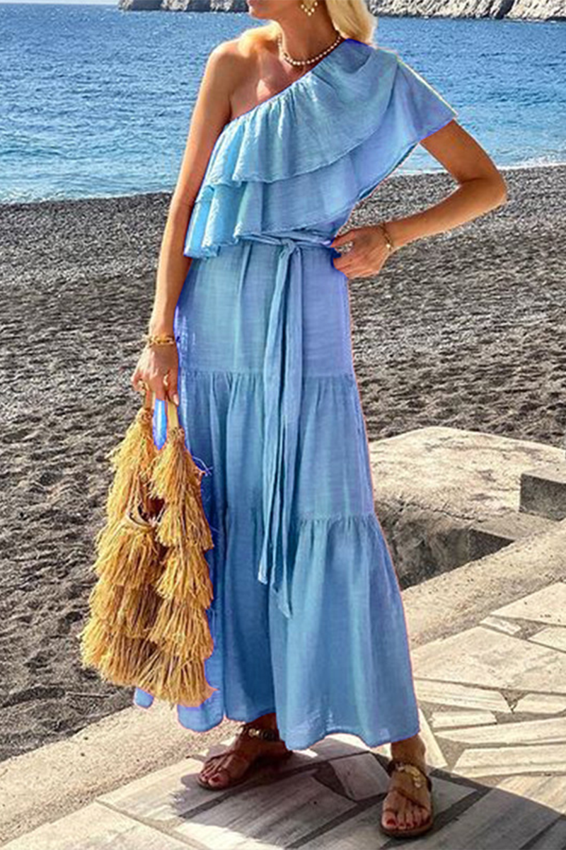 Women's One-Shoulder Maxi Dress - Ruffle Layered Neckline - Flowy Tiered Skirt