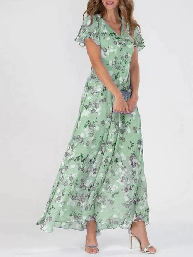 Women's Maxi Dress - Floral Print - V-Neck - Short Flutter Sleeves - Flowy Elegant Style