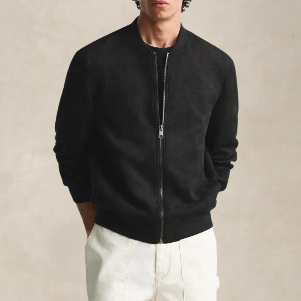 Men’s Bomber Jacket – Suede – Regular Fit – Zip Front – Ribbed Trim – Smart Casual