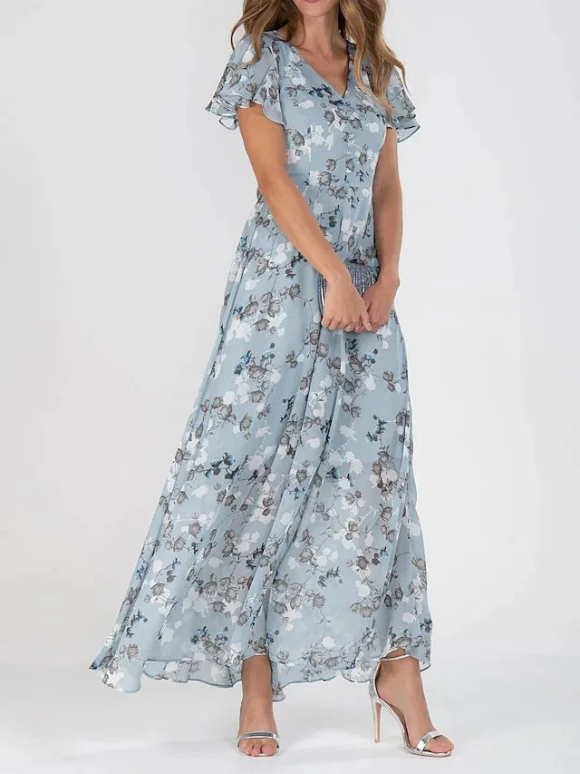 Women's Maxi Dress - Floral Print - V-Neck - Short Flutter Sleeves - Flowy Elegant Style