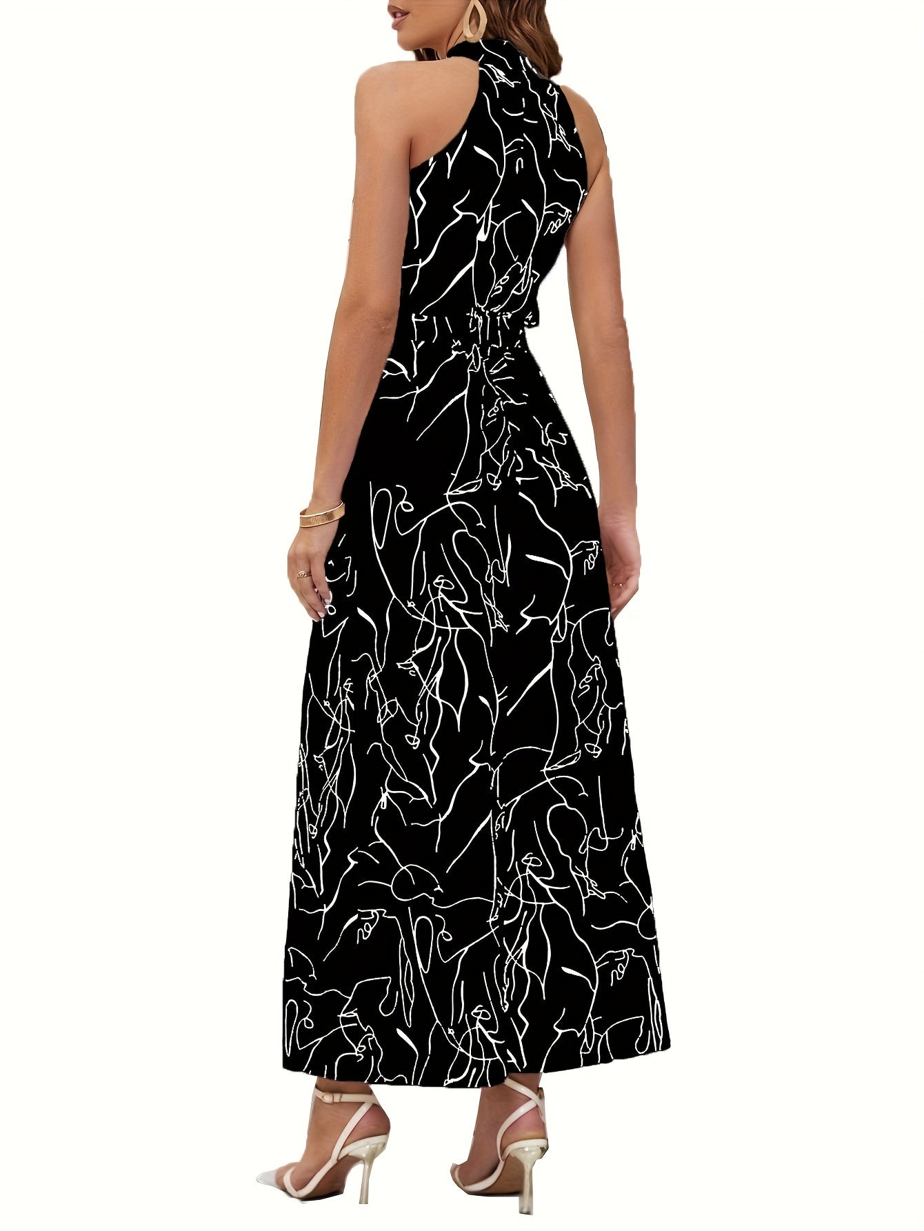 Women's Maxi Dress - Halter Neck - Abstract Print - Fitted Waist - Flowing Silhouette