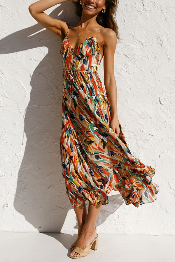 Women's Maxi Dress - Flowing Fit - Spaghetti Straps - Empire Waist - V-Neck Elegant Style