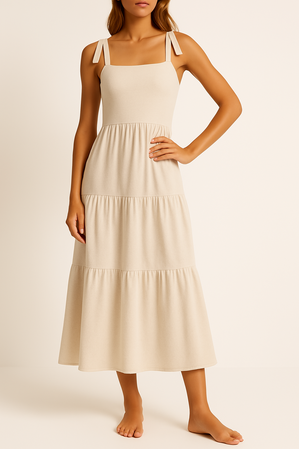 Women’s A-Line Dress – Lightweight Cotton – Tiered Midi – Adjustable Straps – Sleeveless