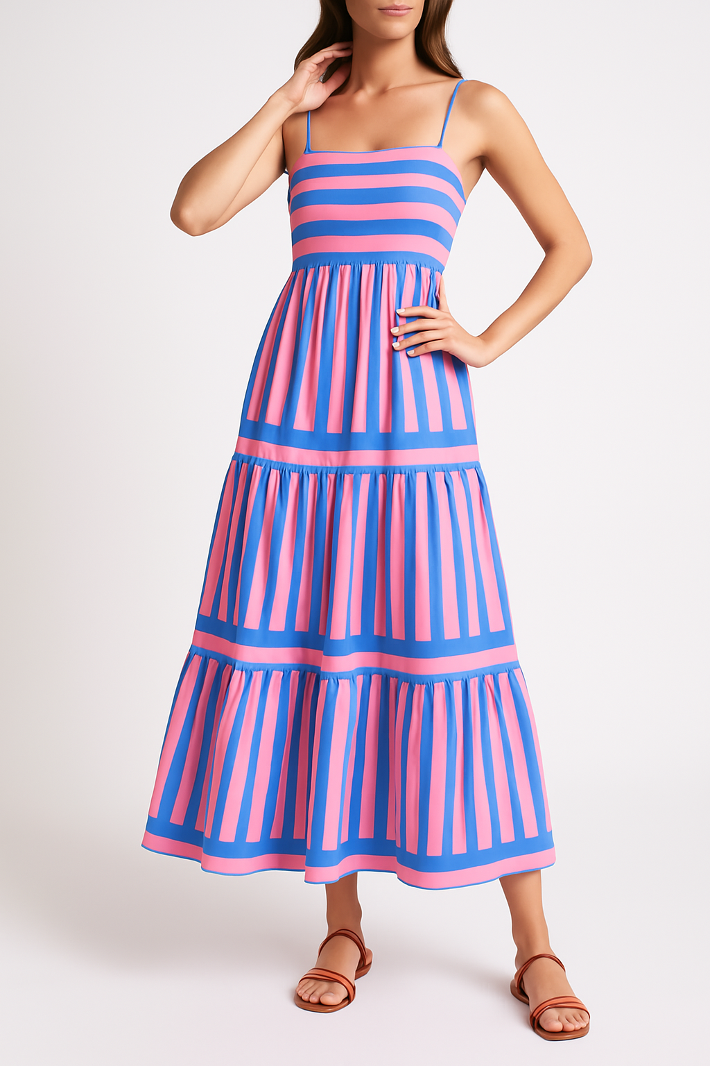 Women’s Sundress – Lightweight Cotton – A-Line Fit – Tiered Striped Maxi Dress
