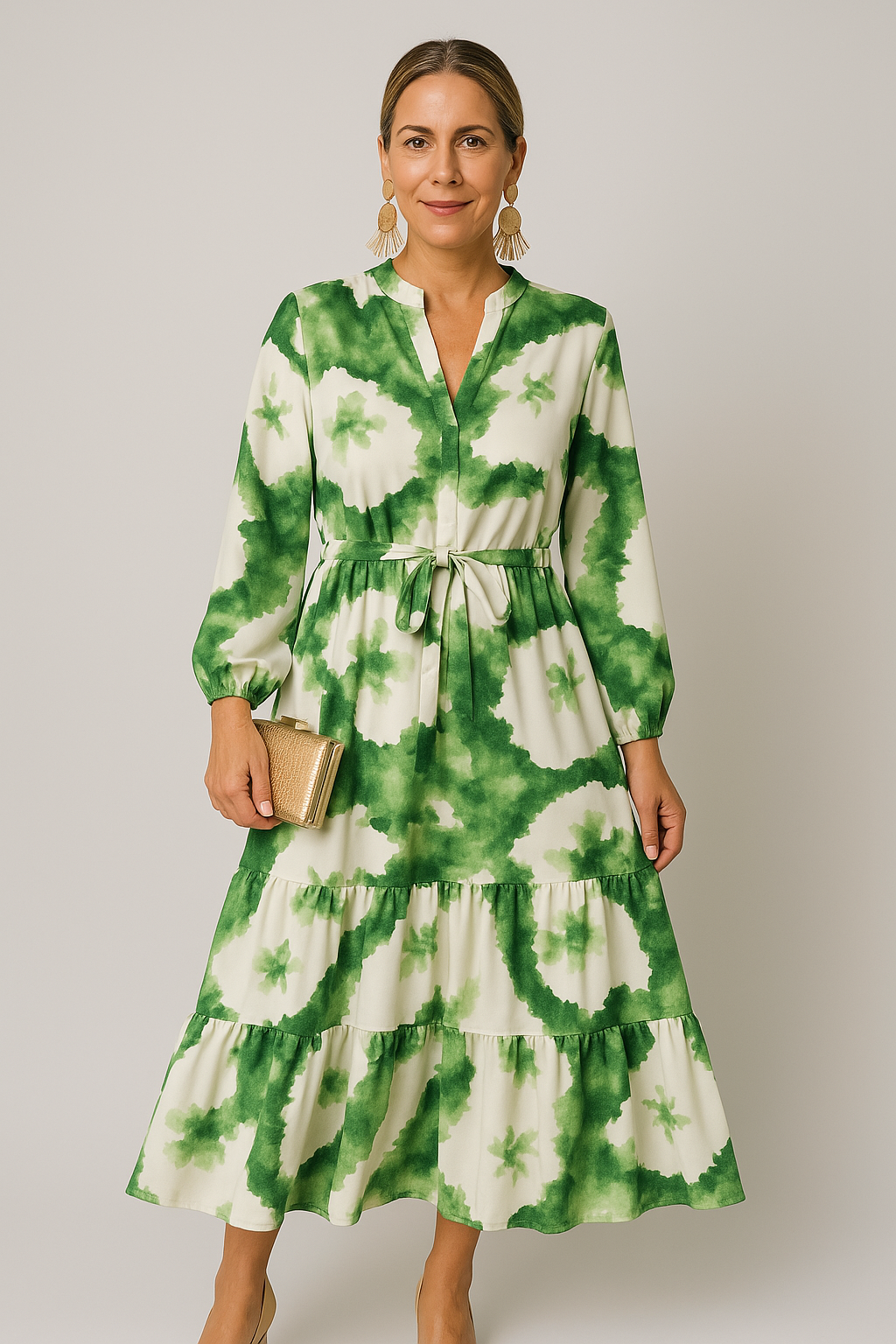 Women's Maxi Gown - Long-Sleeved - V-Neckline - Graceful Draped Style