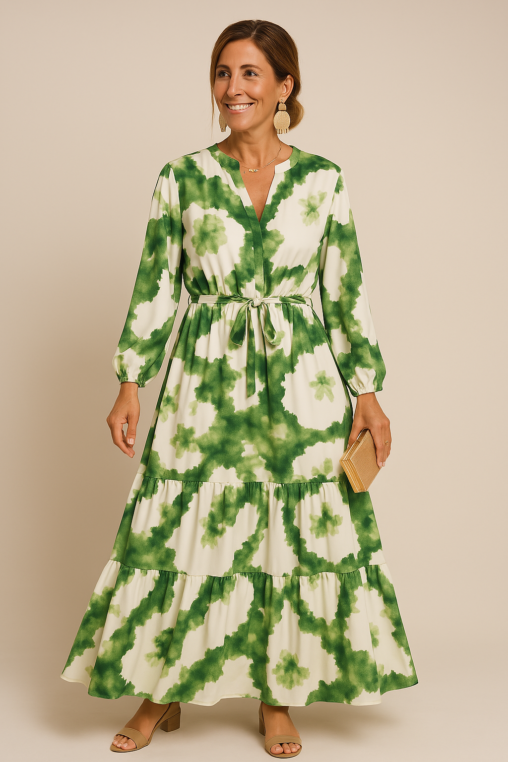 Women's Maxi Gown - Long-Sleeved - V-Neckline - Graceful Draped Style