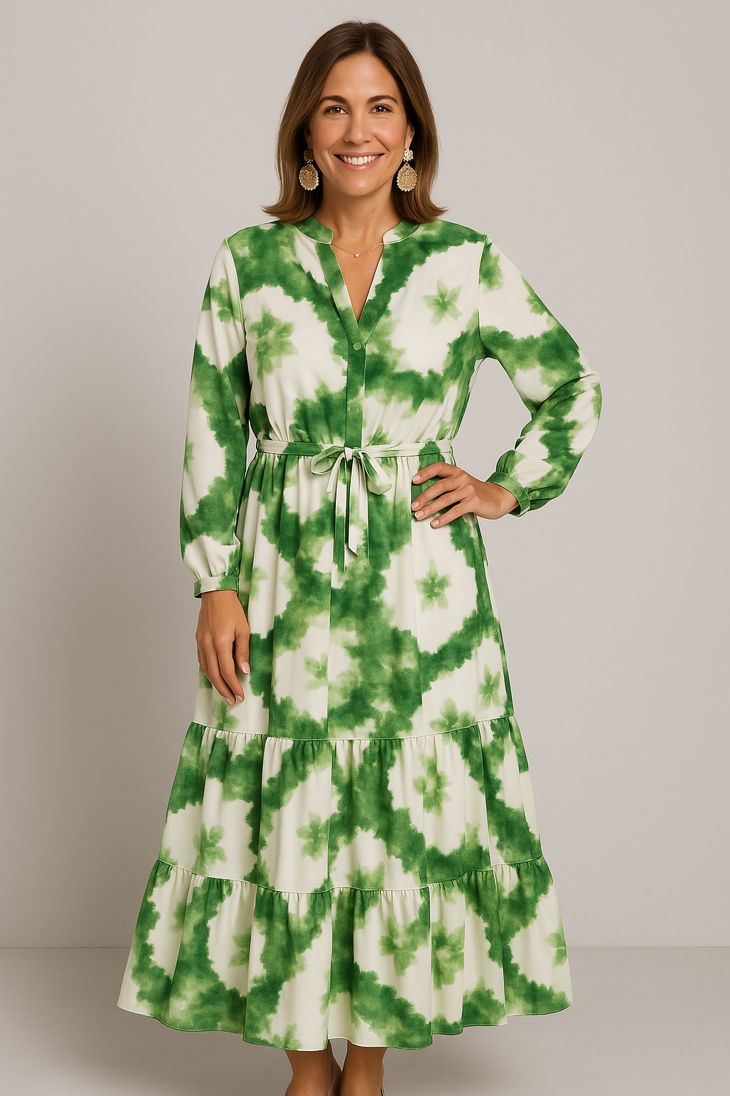 Women's Maxi Gown - Long-Sleeved - V-Neckline - Graceful Draped Style