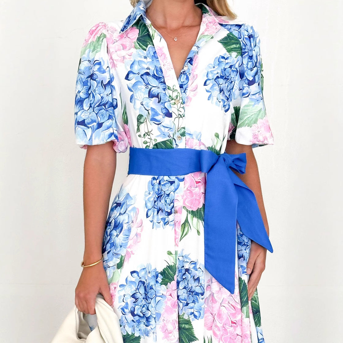 Women’s Maxi Dress – A-Line Fit – Short Sleeve – Floral Print – Waist Tie Boho Style