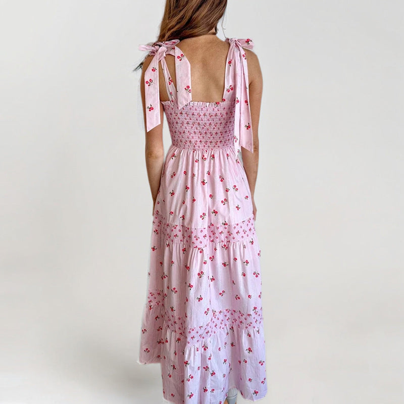 Women’s Sundress – Smocked Bodice – Tiered Maxi Skirt – Tie Straps – Floral Print