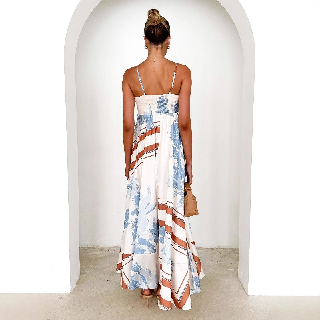 Women’s Maxi Dress – A-Line Fit – Smocked Bodice – Backless – Floral Geometric Pattern