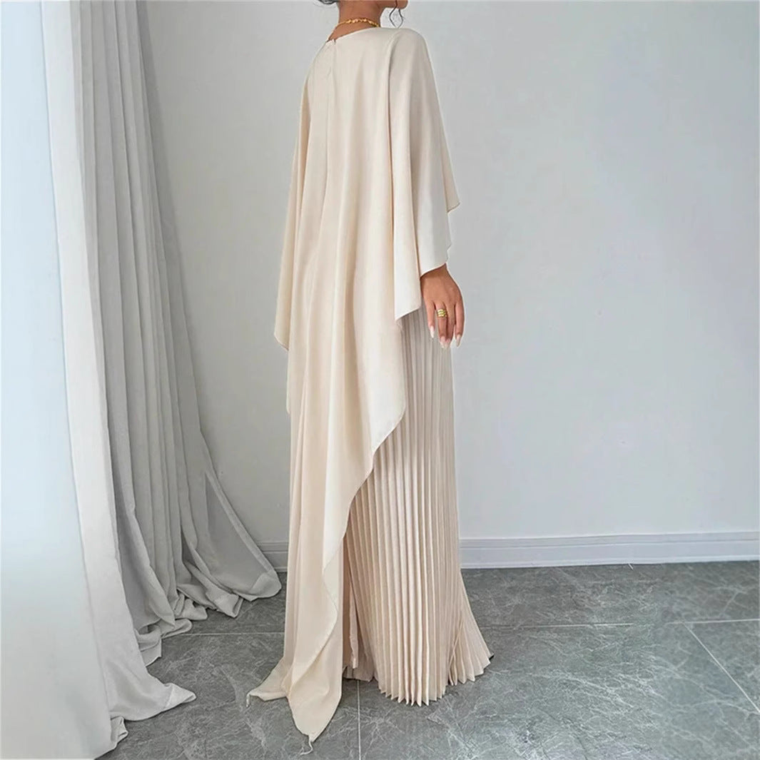 Women’s Maxi Dress – High Neck – Batwing Sleeves – Pleated Skirt – Flowing Fit