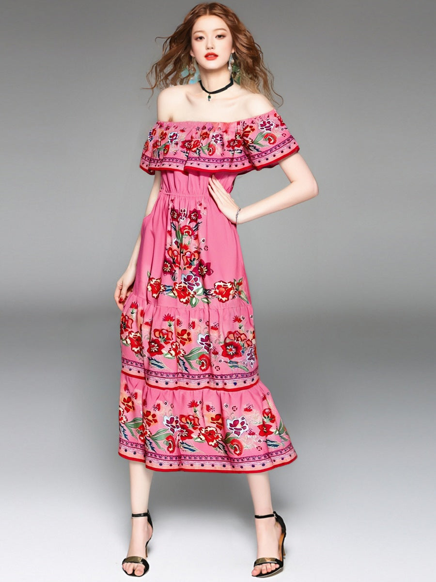 Women’s Maxi Dress – Off-Shoulder – Floral Print – Ruffled Bodice – Tiered Skirt – Relaxed Fit