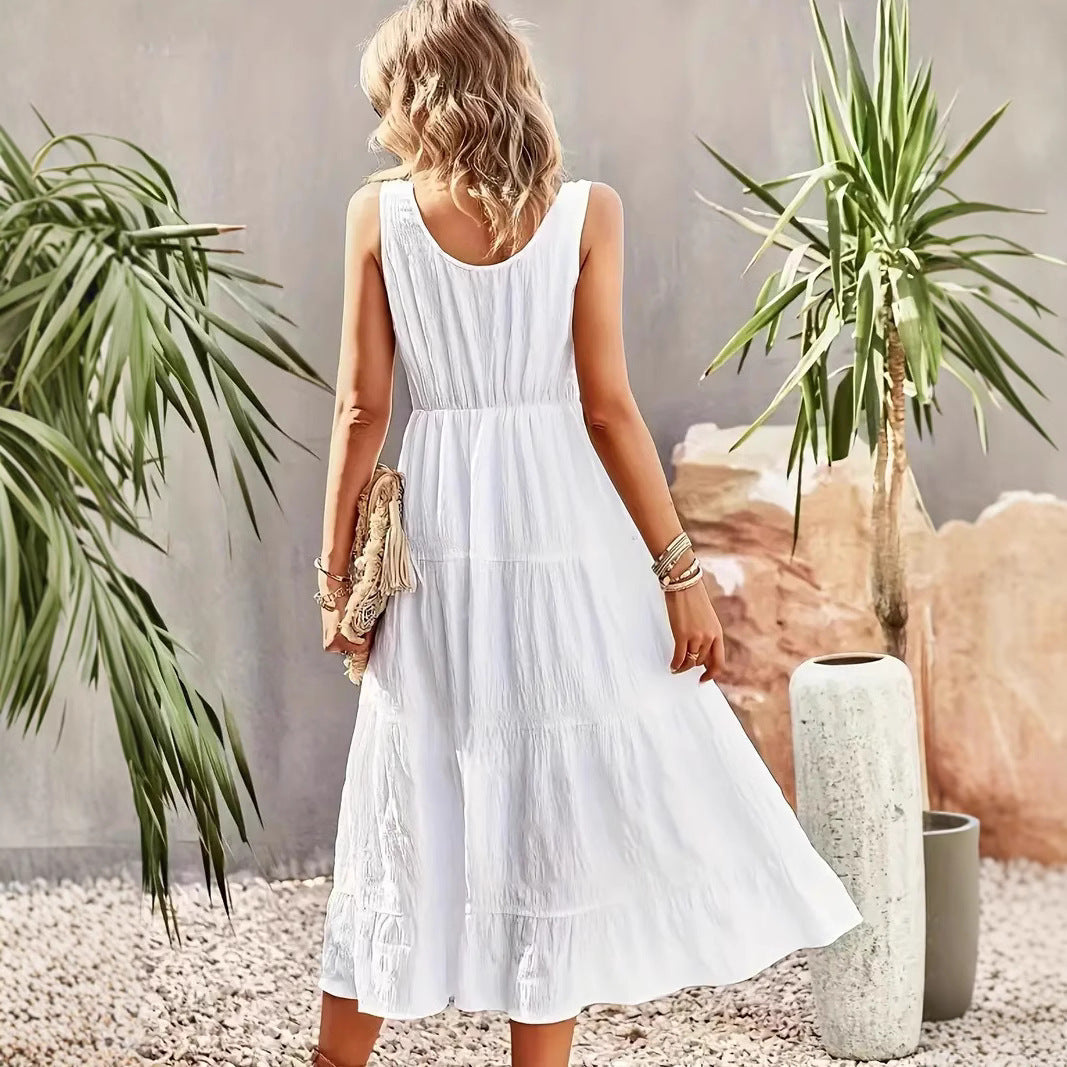 Women’s Maxi Dress – Sleeveless A-Line – Tiered Skirt – U-Neck – Lightweight Cotton
