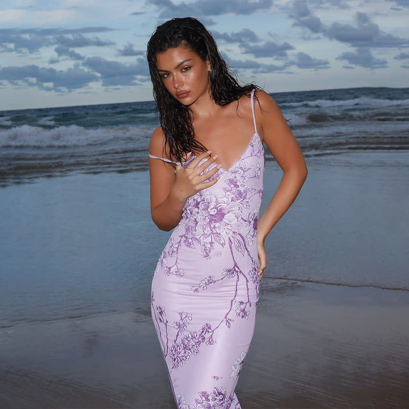 Women’s Maxi Dress – Satin Blend – Slim Fit – V-Neck Spaghetti Straps Floral Print