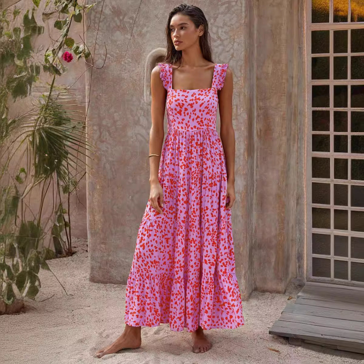 Women’s Maxi Dress – Breathable Cotton – Sleeveless – Tiered Skirt – Square Neckline
