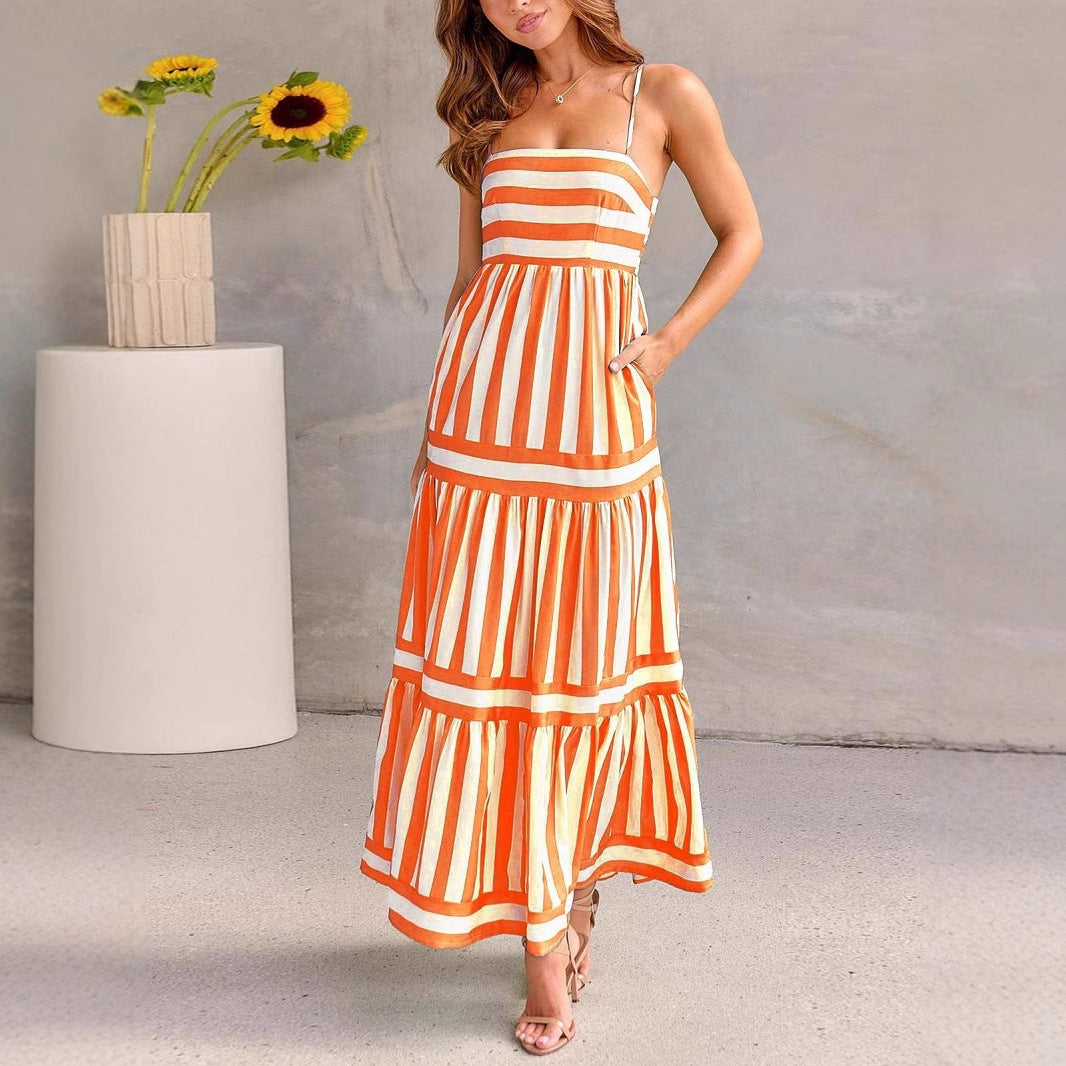 Women’s Sundress – Lightweight Cotton – A-Line Fit – Tiered Striped Maxi Dress