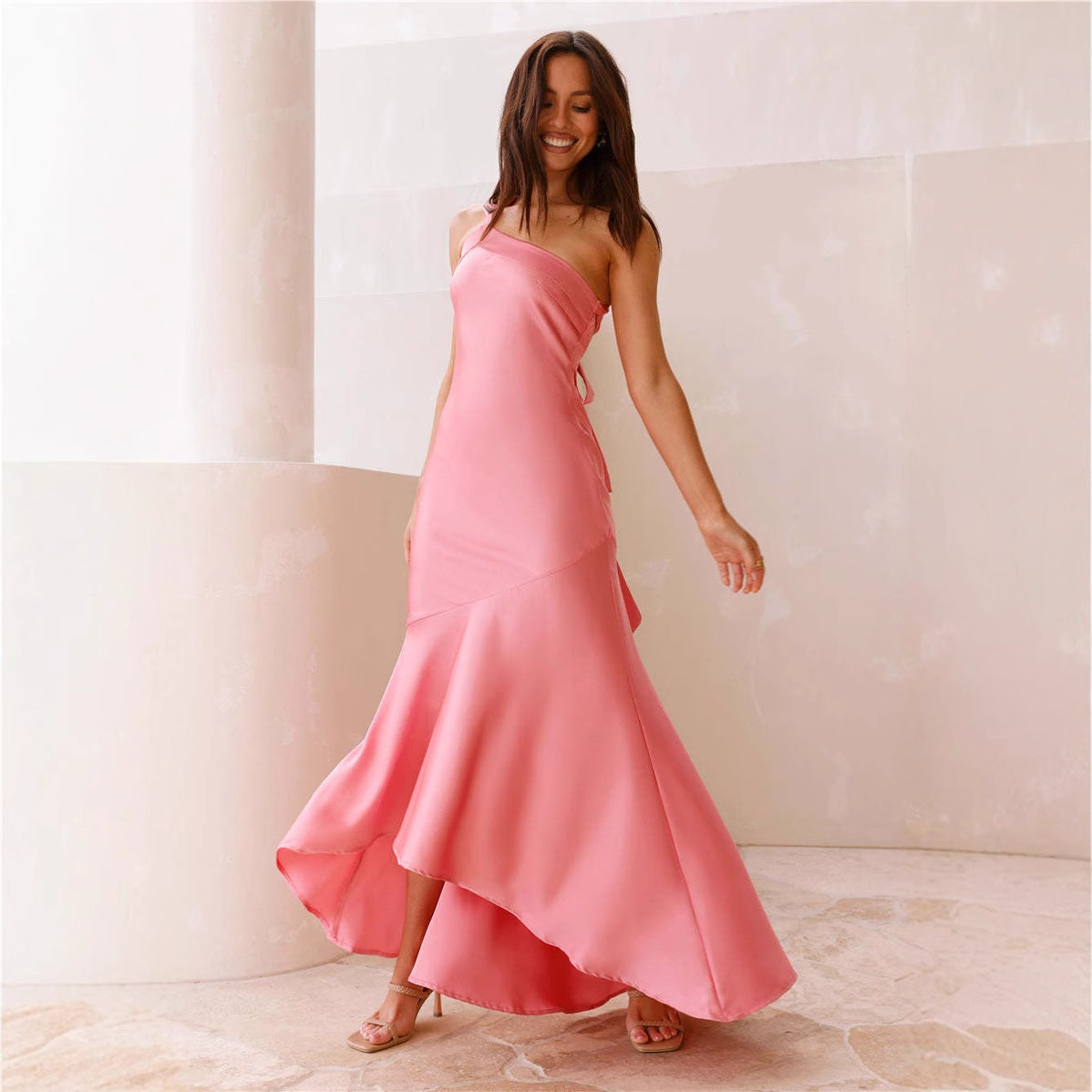 Women’s Mermaid Dress – Satin Finish – One Shoulder – Flared Hem – Formal Fit
