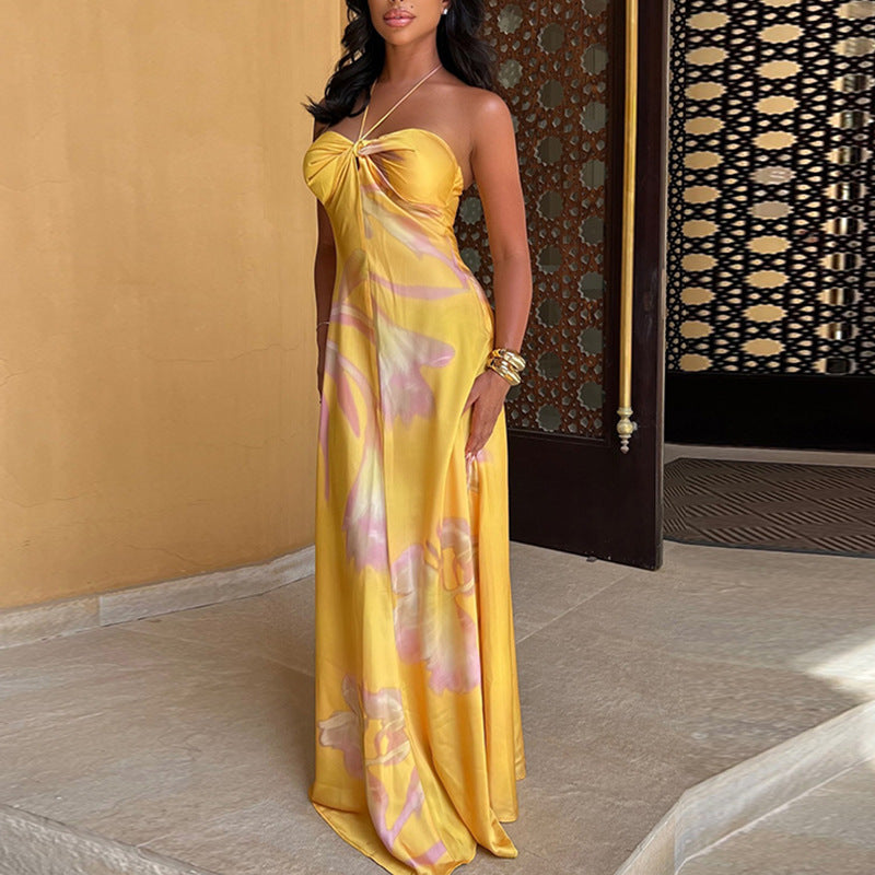 Women’s Maxi Dress – Satin Feel – Halter Neck – Strapless Bandeau – Formal Fit