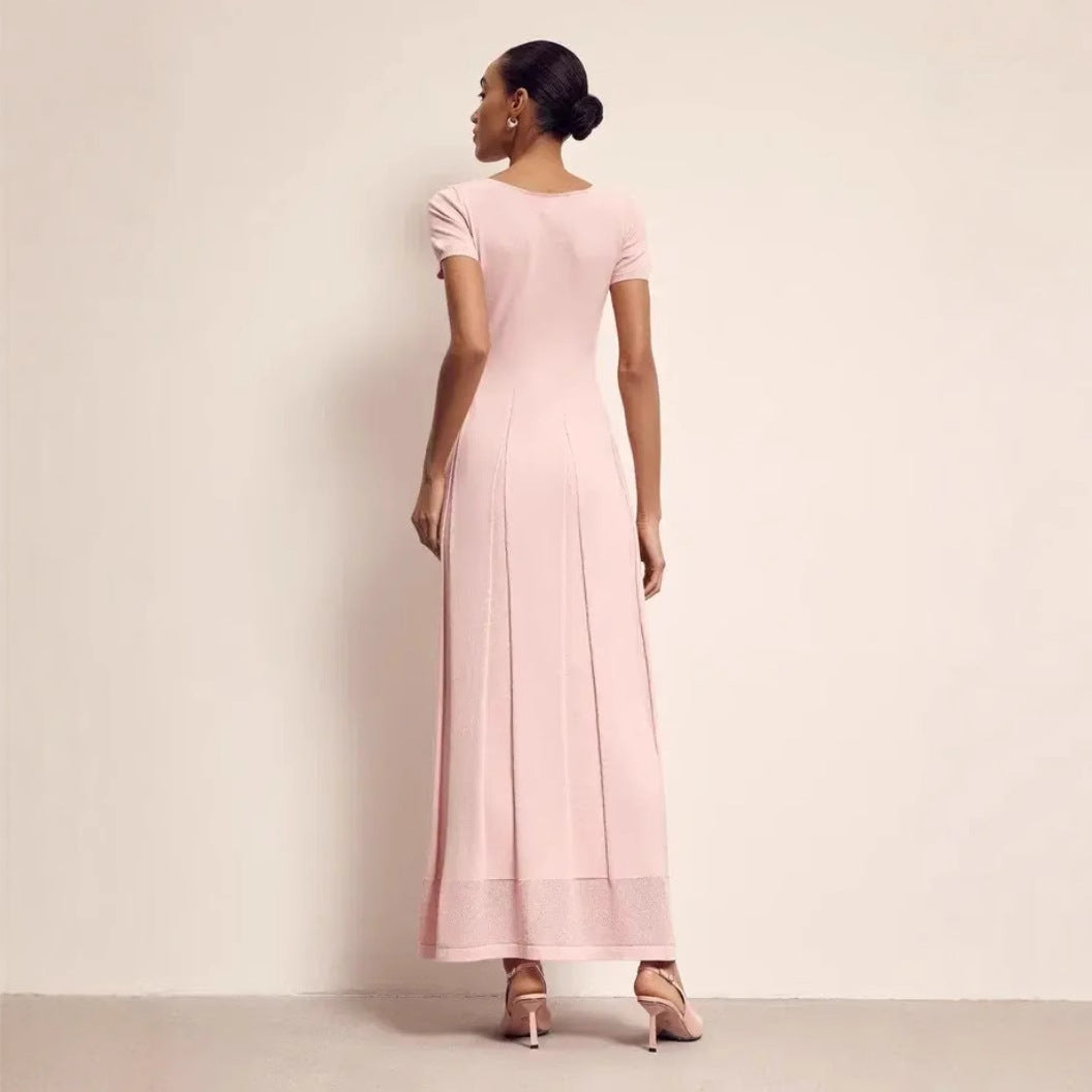 Women’s Maxi Dress – Slim Fit – V-Neck – Short Sleeve – Pleated Knit with Slit