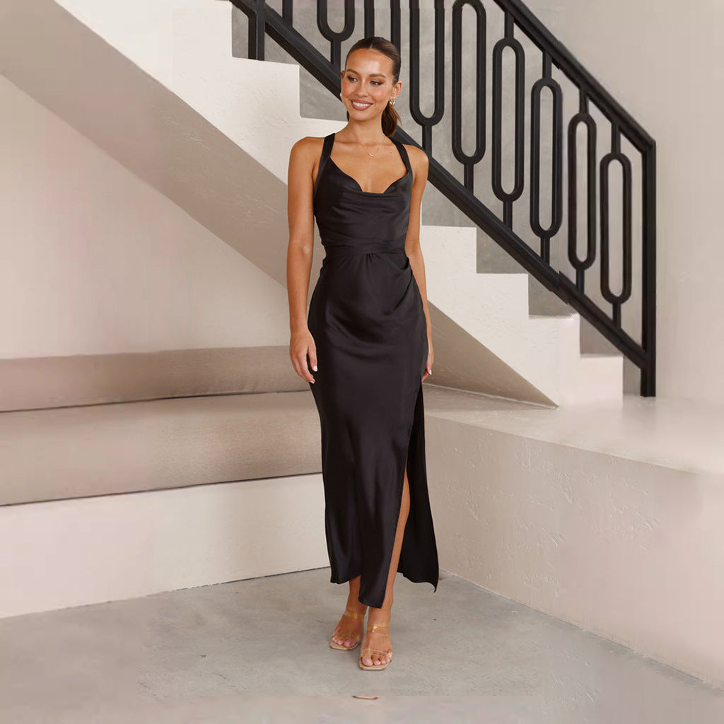 Women’s Evening Dress – Satin – Slim Fit – Cowl Neck – Side Slit – Full Length