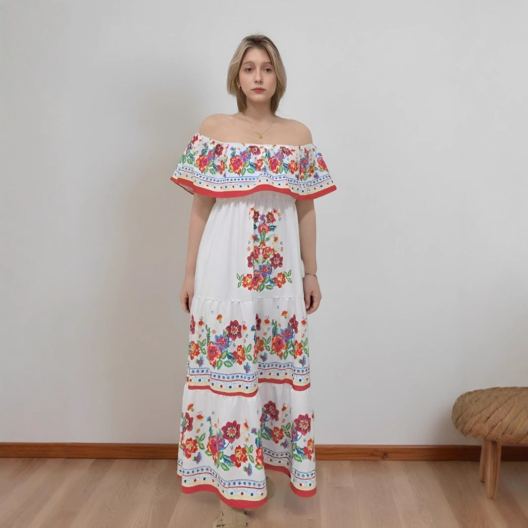 Women’s Maxi Dress – Off-Shoulder – Floral Print – Ruffled Bodice – Tiered Skirt – Relaxed Fit