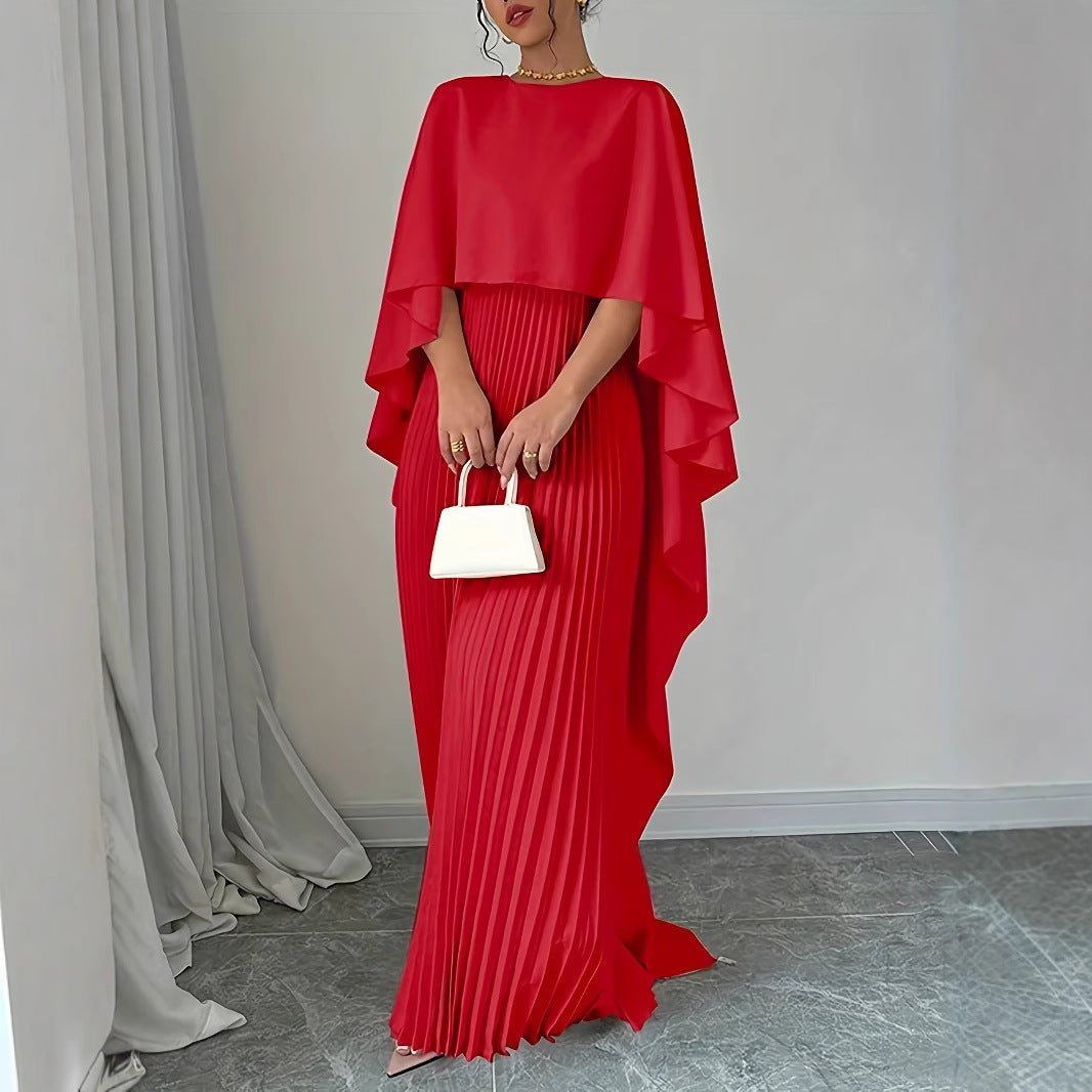 Women’s Maxi Dress – High Neck – Batwing Sleeves – Pleated Skirt – Flowing Fit