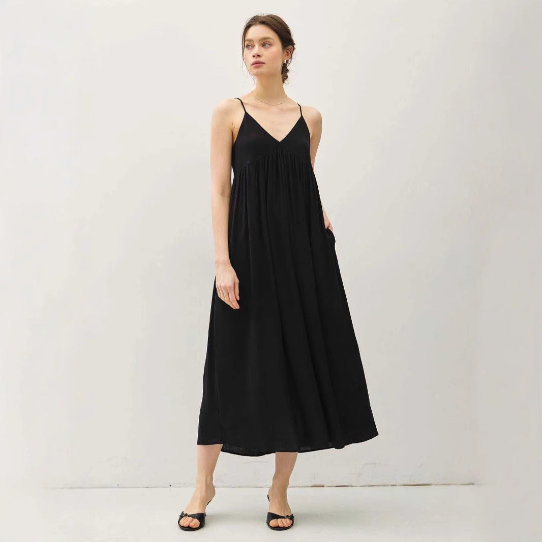 Women’s Maxi Dress – Lightweight Chiffon – V-Neck – Spaghetti Straps – Pleated Skirt