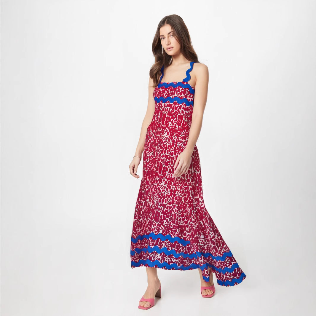 Women’s Long Dress – Strappy A-Line Fit – Floral Print – Wavy Trim – Lightweight Fabric