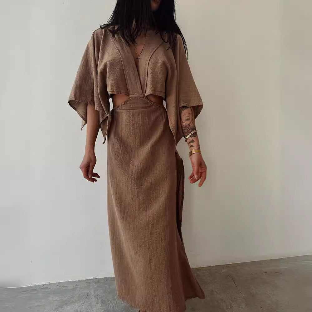 Women’s Maxi Dress – Cotton Linen Blend – Slim Fit – V-Neck – High Slit – Cut-Out Waist
