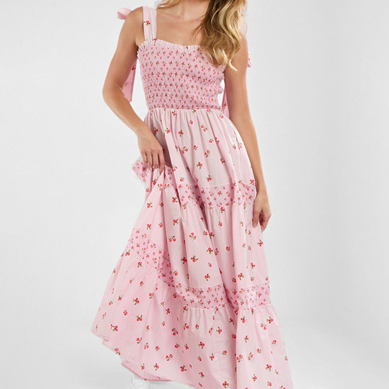 Women’s Sundress – Smocked Bodice – Tiered Maxi Skirt – Tie Straps – Floral Print
