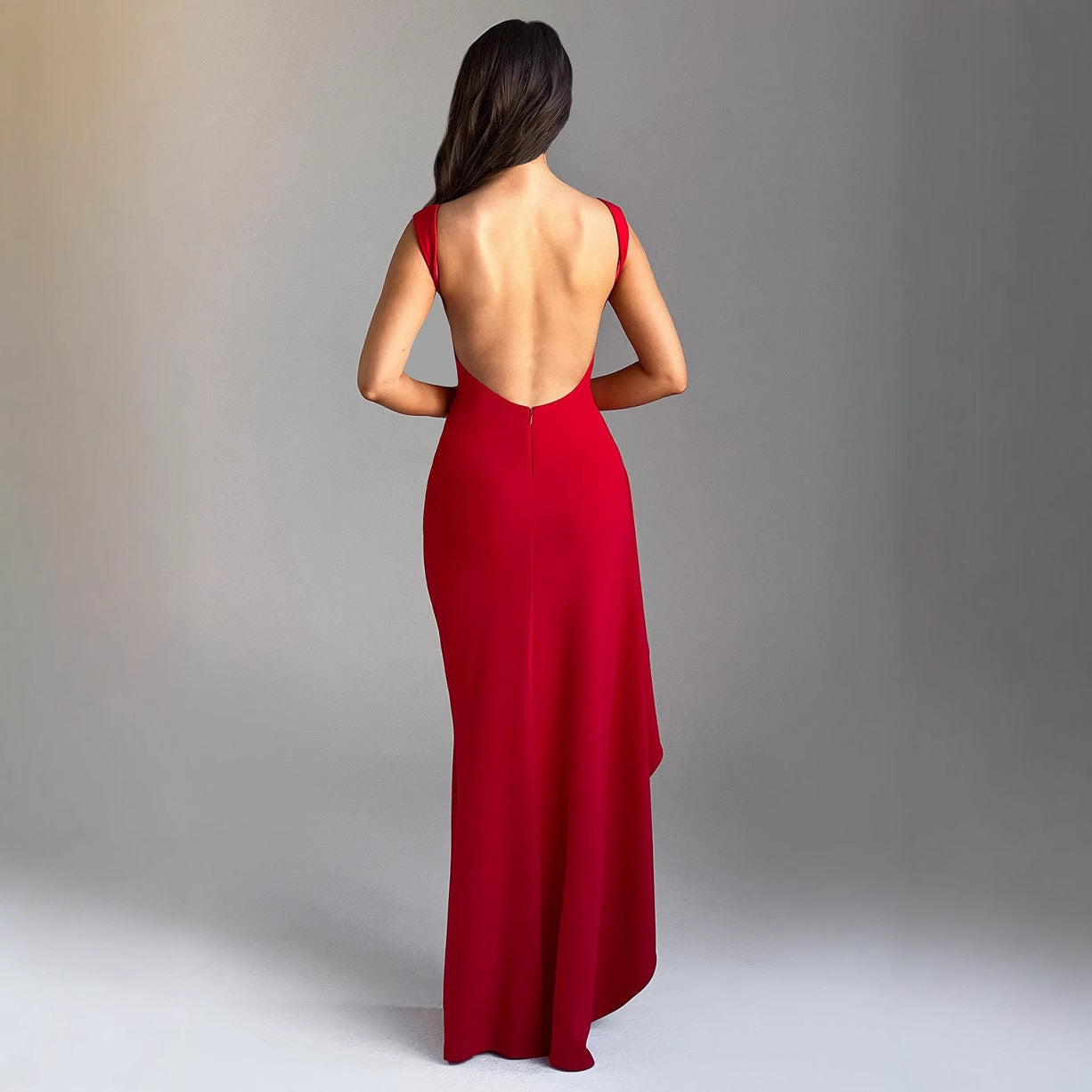 Women’s Evening Dress – Slim Fit – Satin Feel – High Slit – Open Back – Full Length