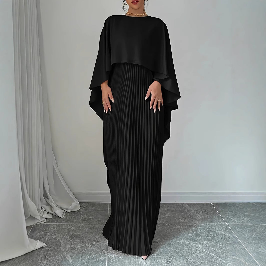 Women’s Maxi Dress – High Neck – Batwing Sleeves – Pleated Skirt – Flowing Fit
