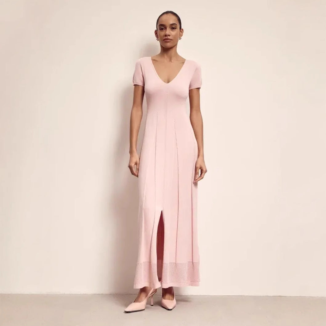 Women’s Maxi Dress – Slim Fit – V-Neck – Short Sleeve – Pleated Knit with Slit