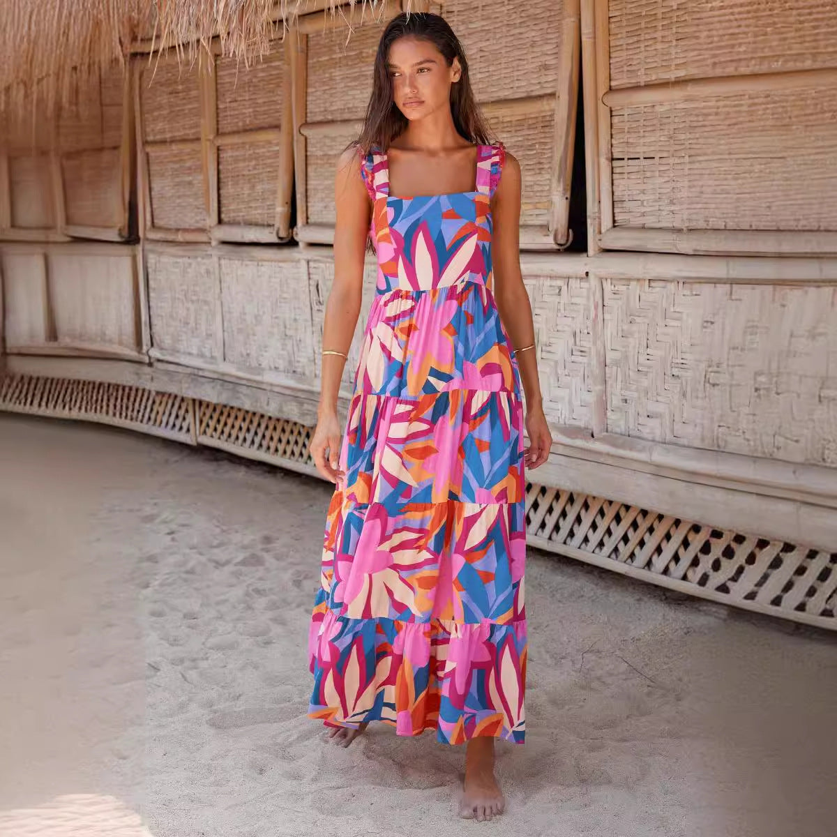 Women’s Maxi Dress – Breathable Cotton – Sleeveless – Tiered Skirt – Square Neckline