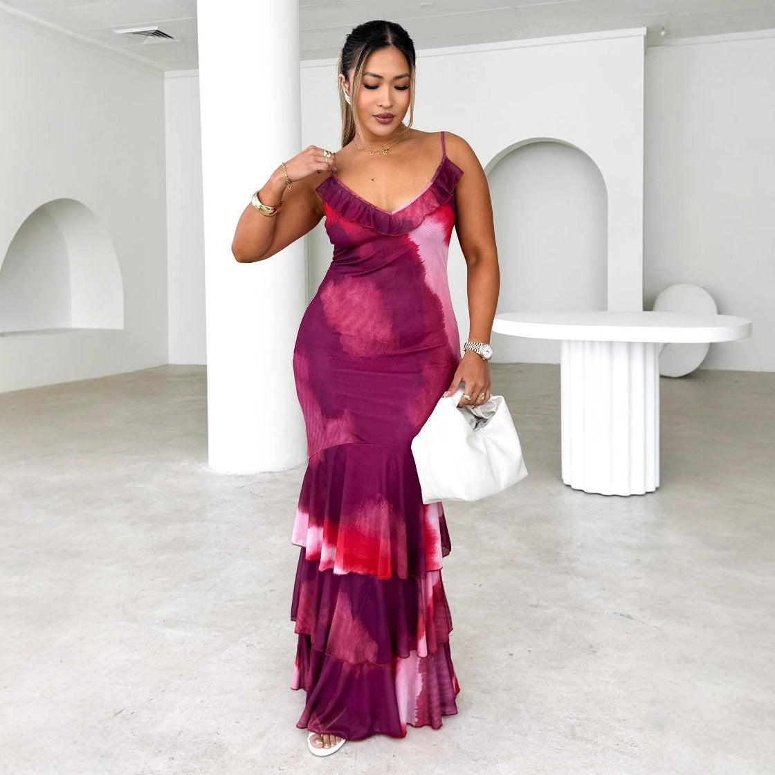 Women’s Maxi Dress – Slim Fit – Spaghetti Straps – Ruffle Neck – Tiered Skirt