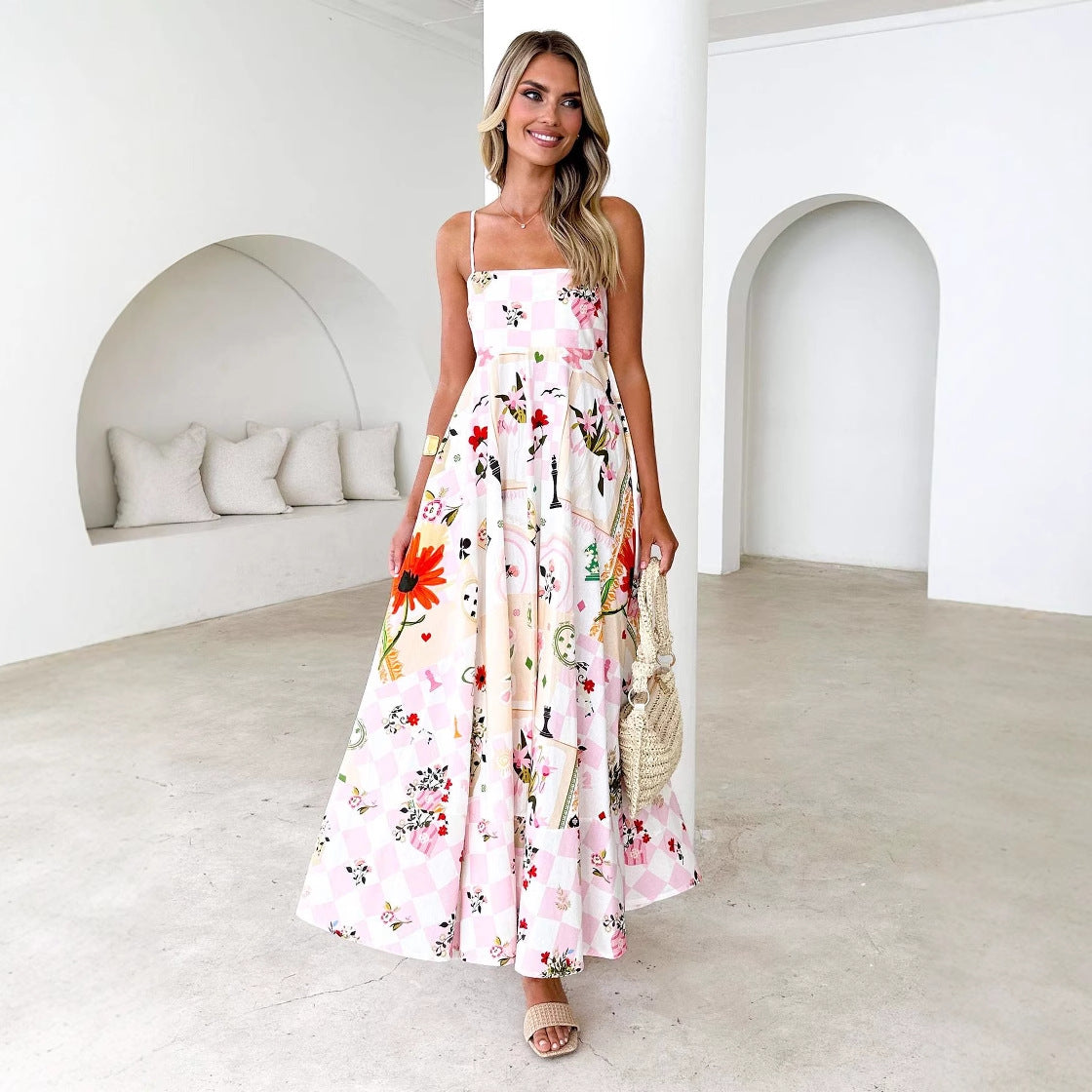 Women’s Maxi Dress – A-Line Fit – Smocked Bodice – Backless – Floral Geometric Pattern