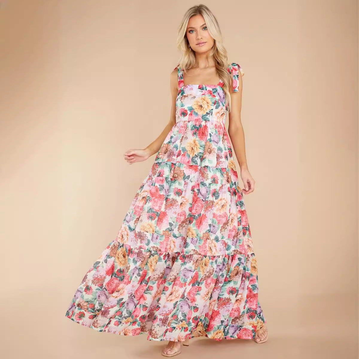 Women’s Maxi Dress – One Shoulder – Floral Print – Tiered Skirt – Cotton Blend