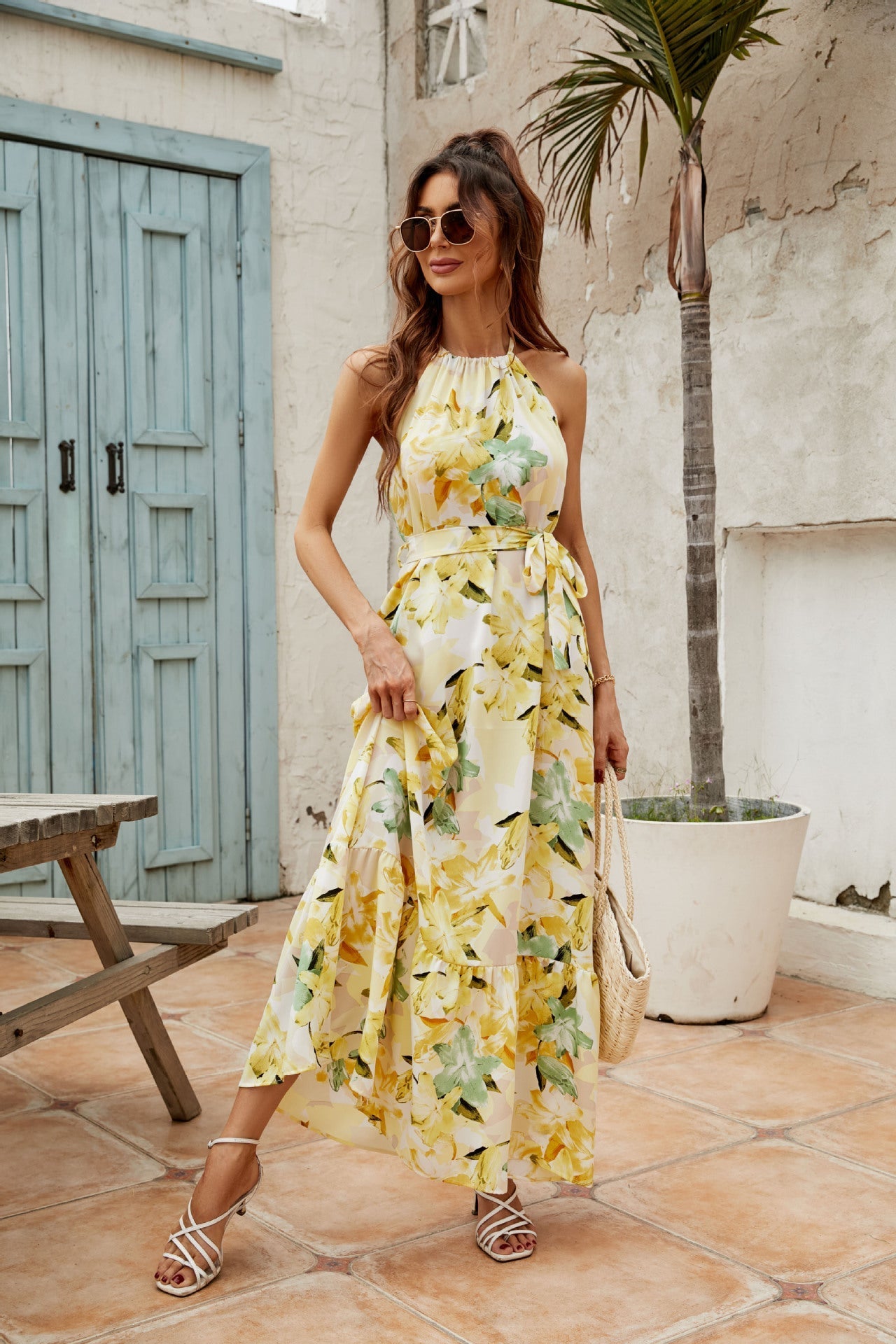Women’s Maxi Dress – Lightweight Cotton Blend – Halter Neck – Tiered Skirt – Adjustable Waist