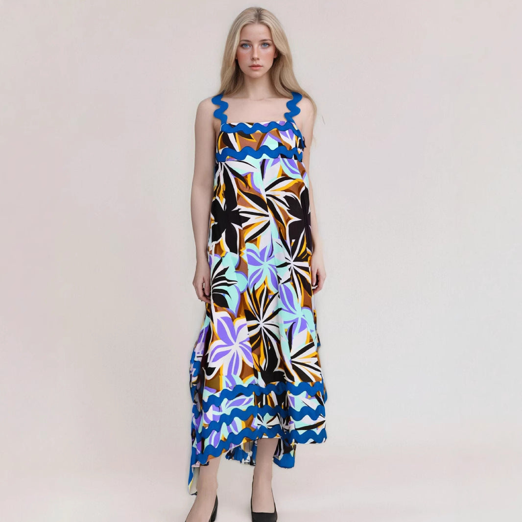 Women’s Long Dress – Strappy A-Line Fit – Floral Print – Wavy Trim – Lightweight Fabric