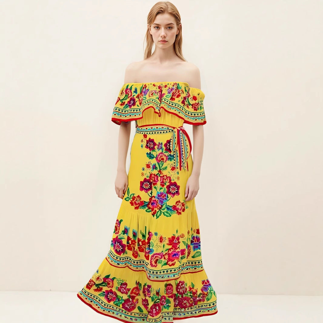Women’s Maxi Dress – Off-Shoulder – Floral Print – Ruffled Bodice – Tiered Skirt – Relaxed Fit