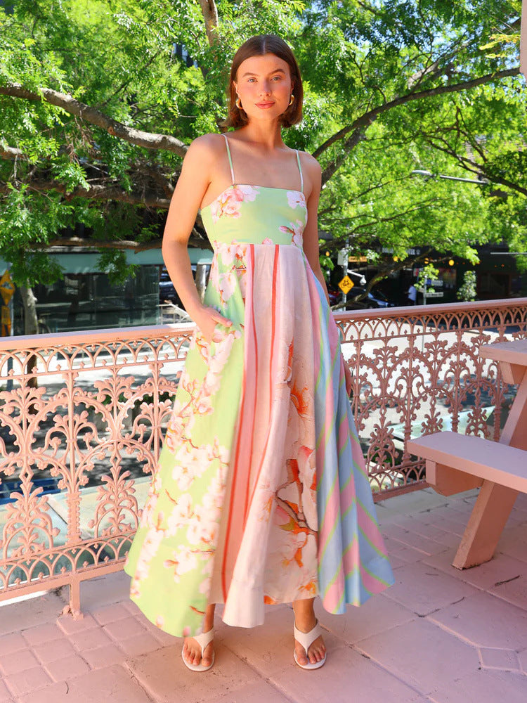 Women’s Maxi Dress – Lightweight Cotton – Flowy Fit – Spaghetti Straps – Artistic Print