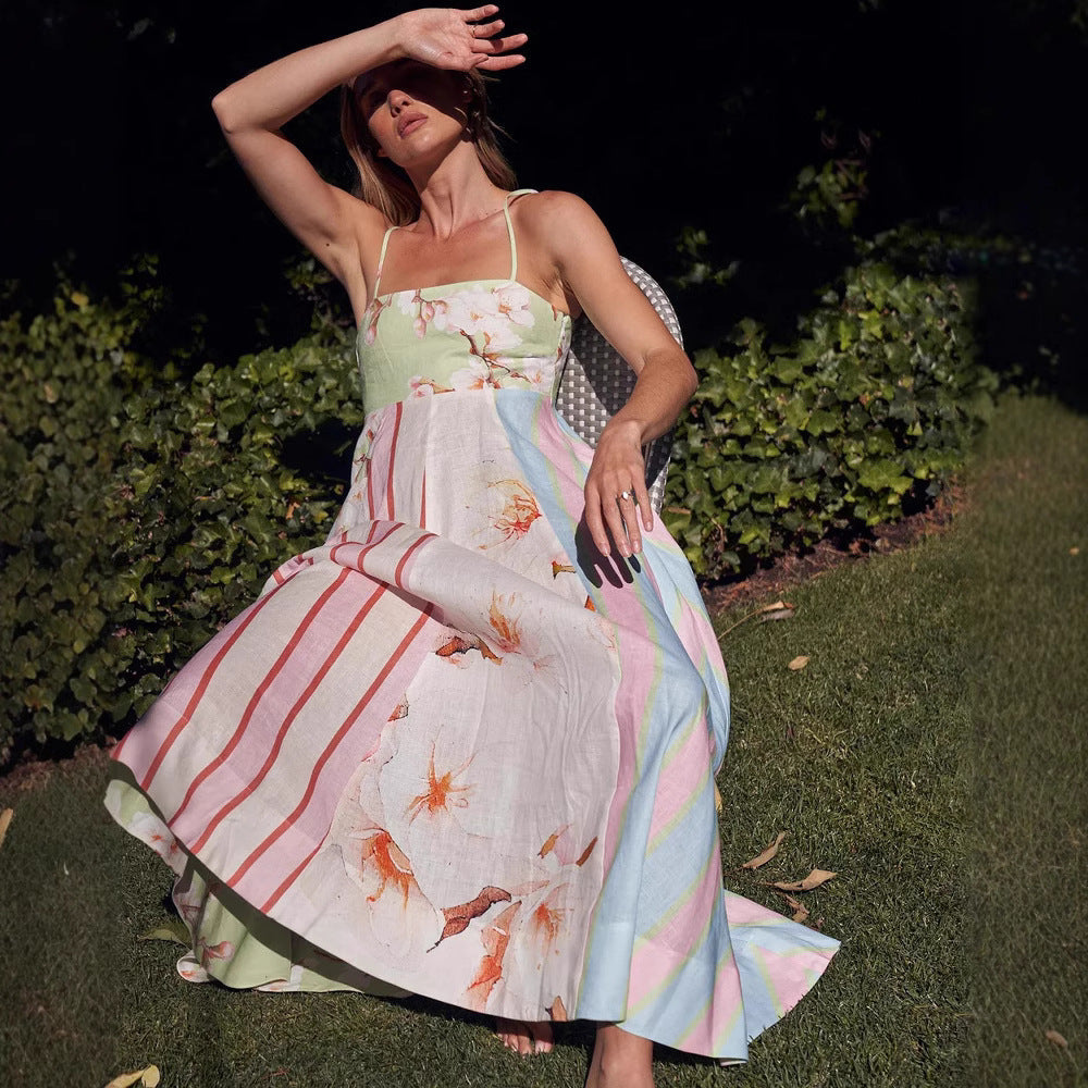 Women’s Maxi Dress – Lightweight Cotton – Flowy Fit – Spaghetti Straps – Artistic Print