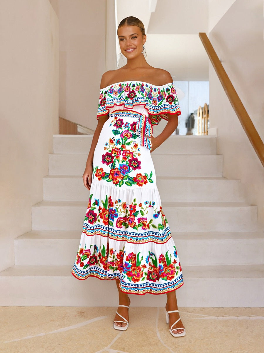 Women’s Maxi Dress – Off-Shoulder – Floral Print – Ruffled Bodice – Tiered Skirt – Relaxed Fit