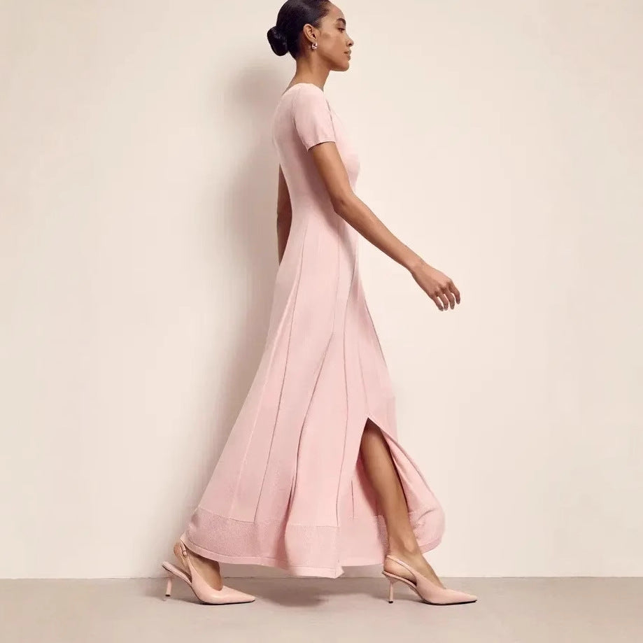 Women’s Maxi Dress – Slim Fit – V-Neck – Short Sleeve – Pleated Knit with Slit