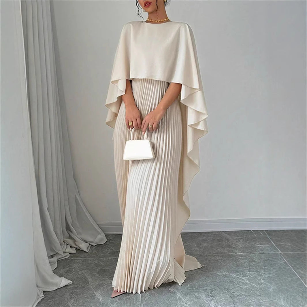 Women’s Maxi Dress – High Neck – Batwing Sleeves – Pleated Skirt – Flowing Fit