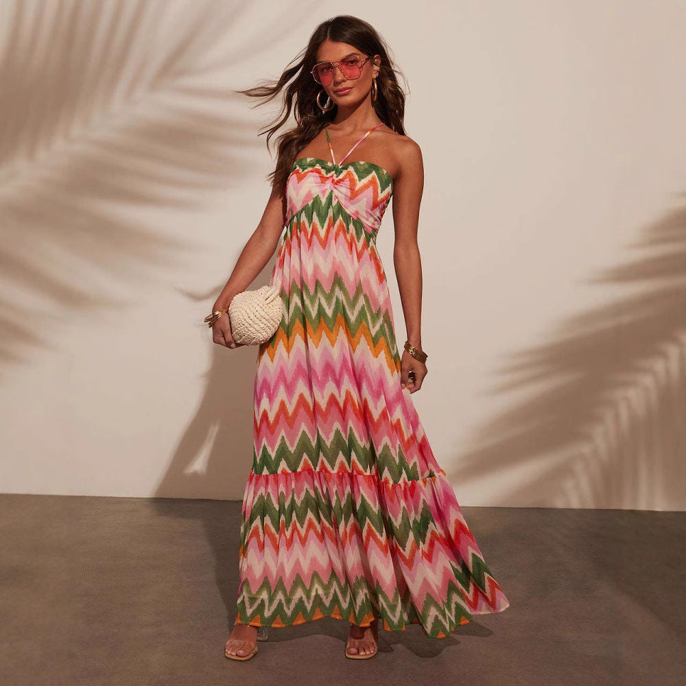 Women’s Maxi Dress – Halter Neck – Tiered Skirt – Zigzag Print – Flowy Fit