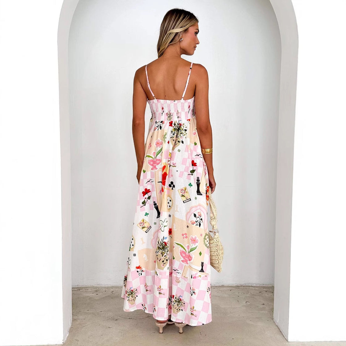 Women’s Maxi Dress – A-Line Fit – Smocked Bodice – Backless – Floral Geometric Pattern