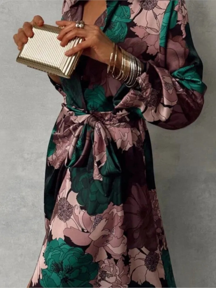 Women's Maxi Shirt Dress - Floral Print - Long Sleeve - Button-Down with Tie Waist