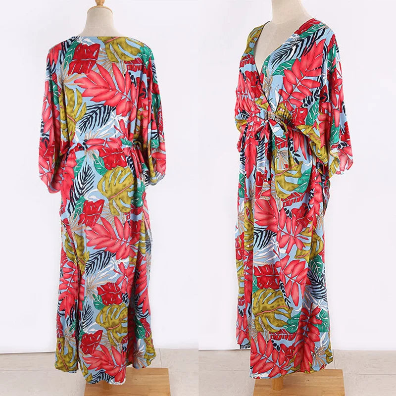 Women's Maxi Dress - Wrap V-Neck - 3/4 Sleeve - Floral Print - Flowing Elegant Fit