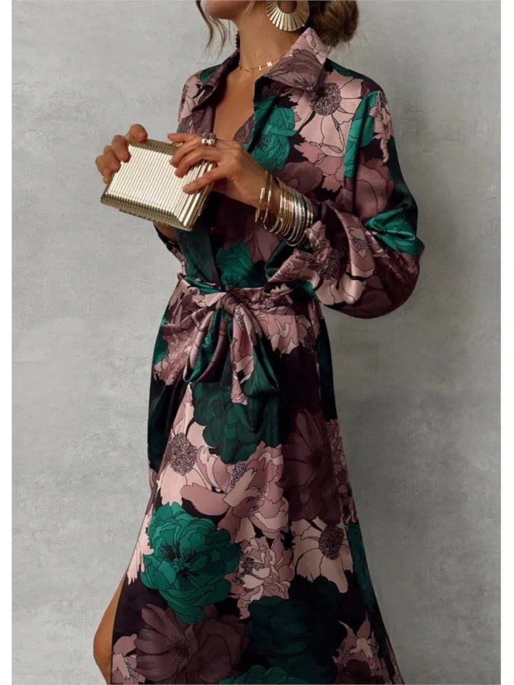 Women's Maxi Shirt Dress - Floral Print - Long Sleeve - Button-Down with Tie Waist